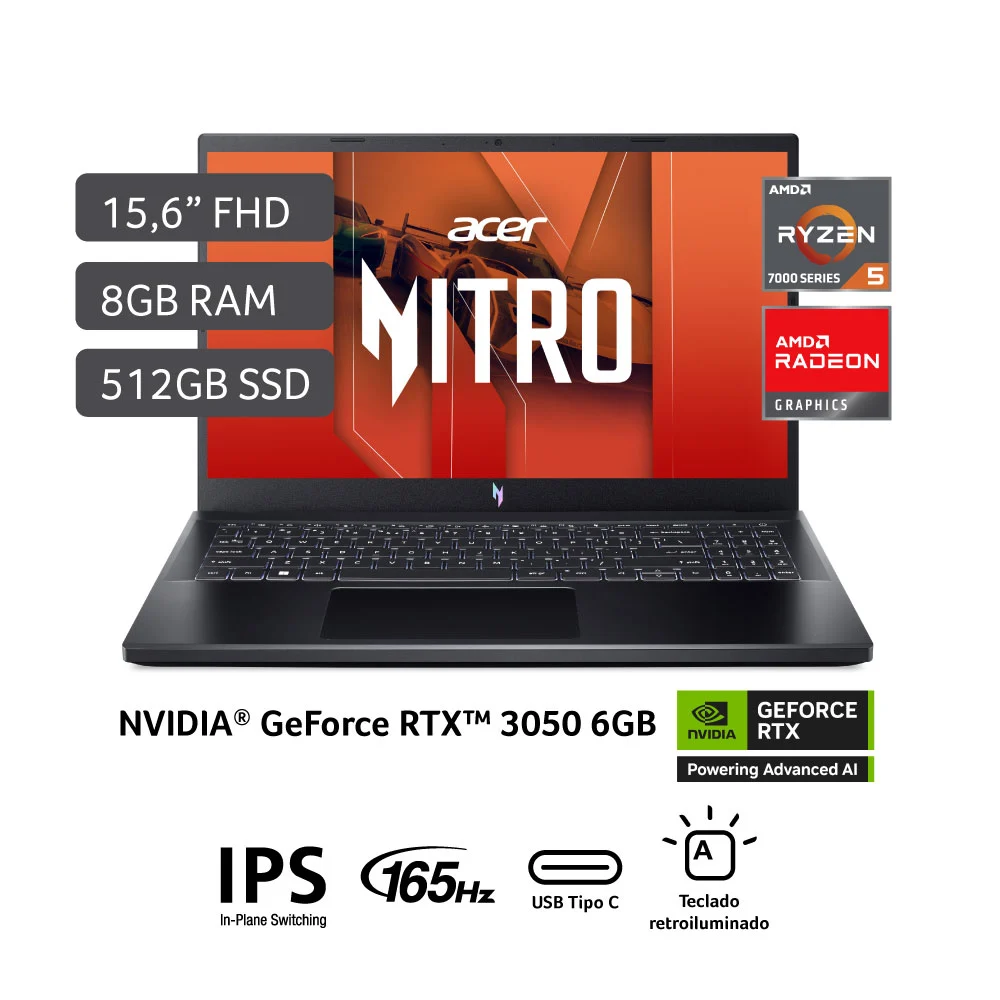 LAPTOP GAMER ACER ANV15-41-R0RX AMD RYZEN 5-7535HS, RTX 3050, 8GB RAM, 512GB SSD, 15.6" FHD